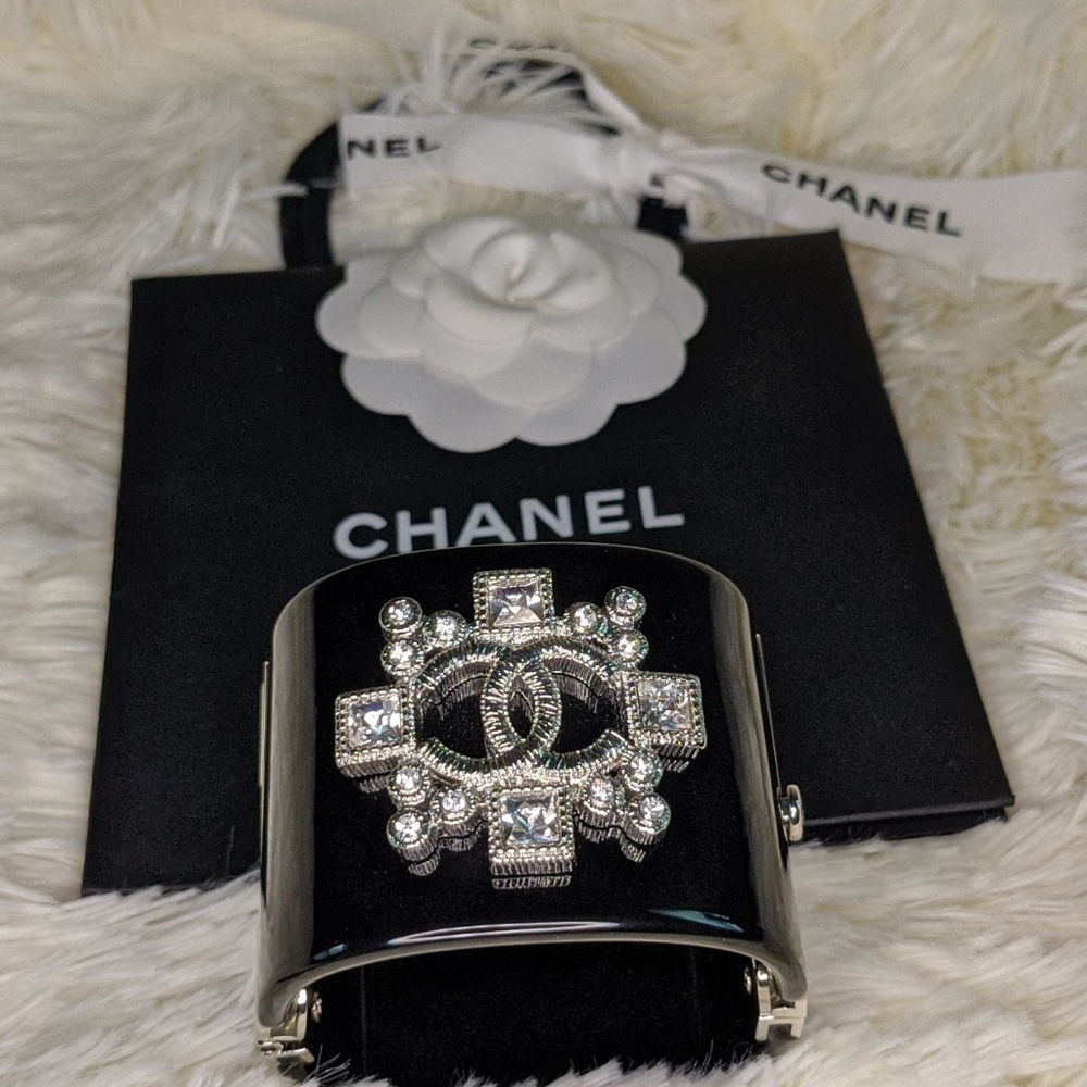 Chanel Double-C Bangle Black & Silver W/ Crystals